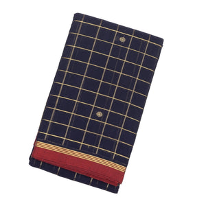 Navy Blue Handloom Kanchi Cotton Saree With Zari Checks