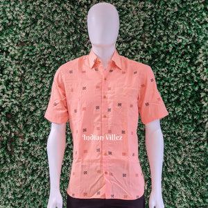 Pink Flower Motifs Cotton Ikat Half Sleeve Shirt for Men