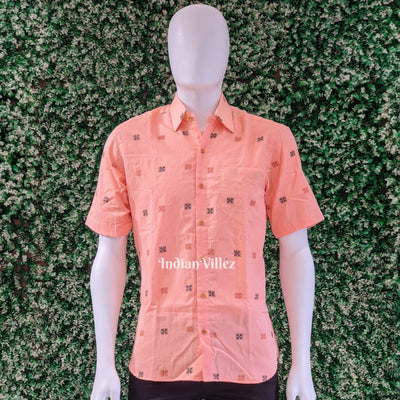Pink Flower Motifs Cotton Ikat Half Sleeve Shirt for Men