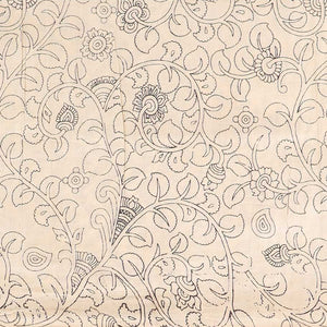 Orange floral motifs machine-printed kalamkari cotton saree, contrast unique motifs border & chevron striped pallu