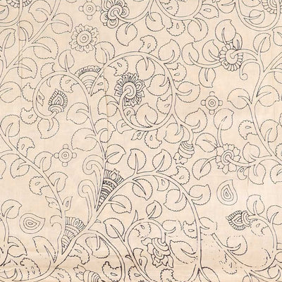 Orange floral motifs machine-printed kalamkari cotton saree, contrast unique motifs border & chevron striped pallu