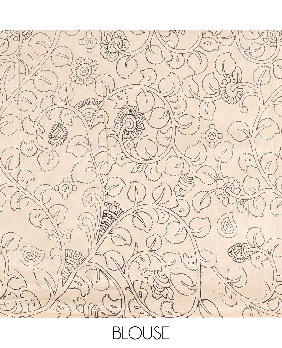 Orange floral motifs machine-printed kalamkari cotton saree, contrast unique motifs border & chevron striped pallu
