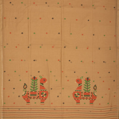 Beige Handloom Bengal Cotton Saree With Horse Motifs