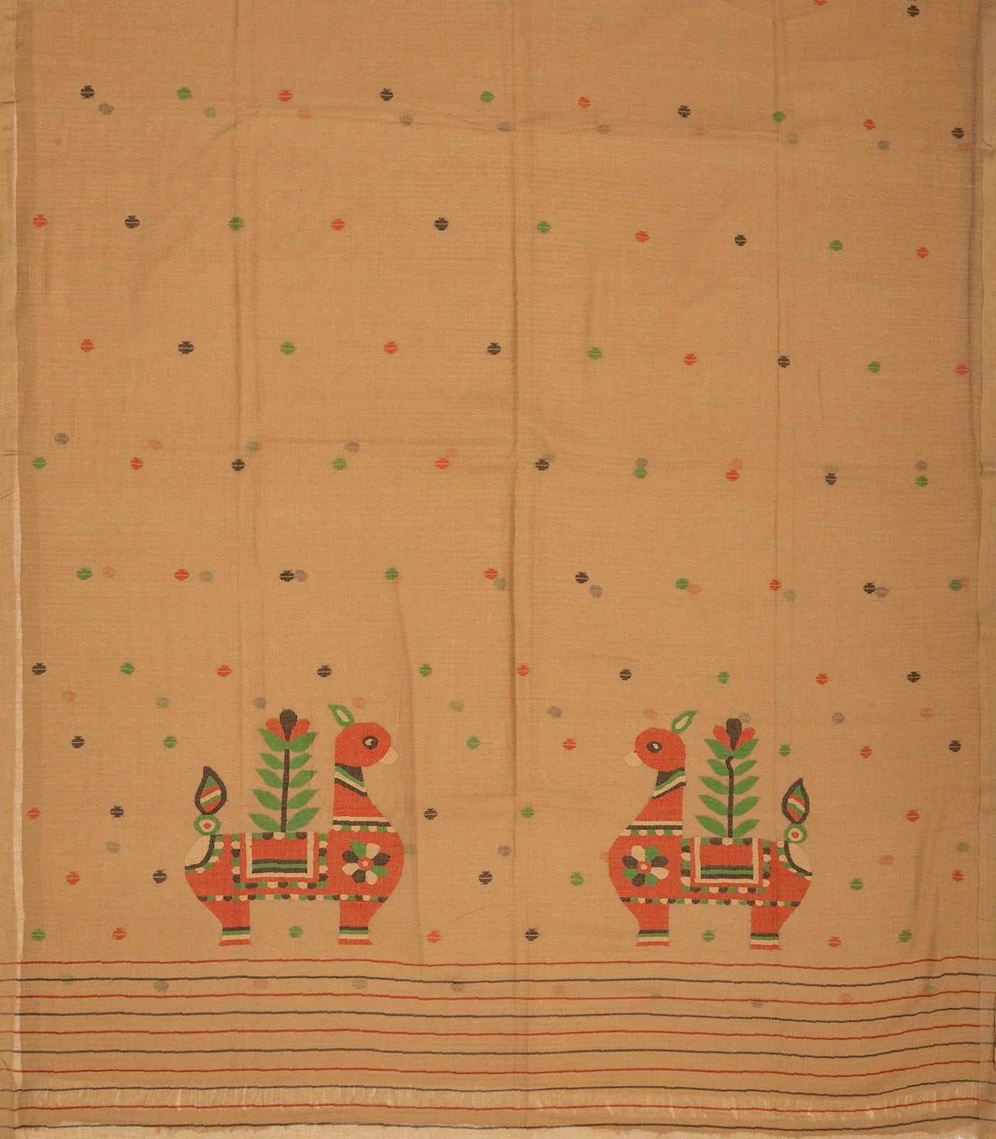 Beige Handloom Bengal Cotton Saree With Horse Motifs