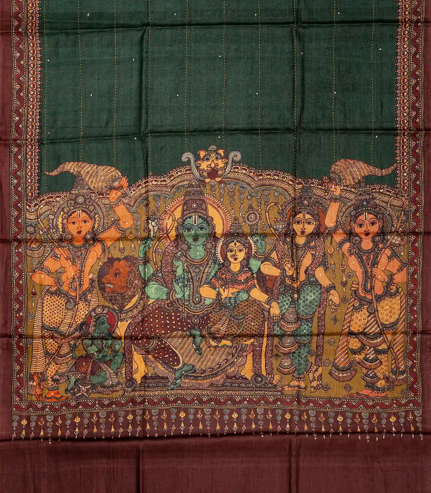 Bottle Green Handloom Tussar Silk Saree Printed With Lord Ram In Pallu