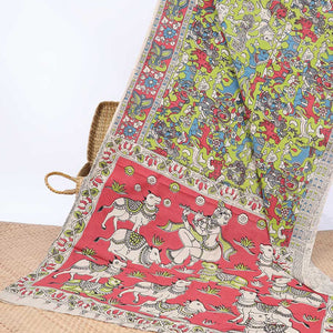 Green village-theme machine-printed kalamkari cotton saree, contrast border & pallu of Pichwai cows & God Krishna