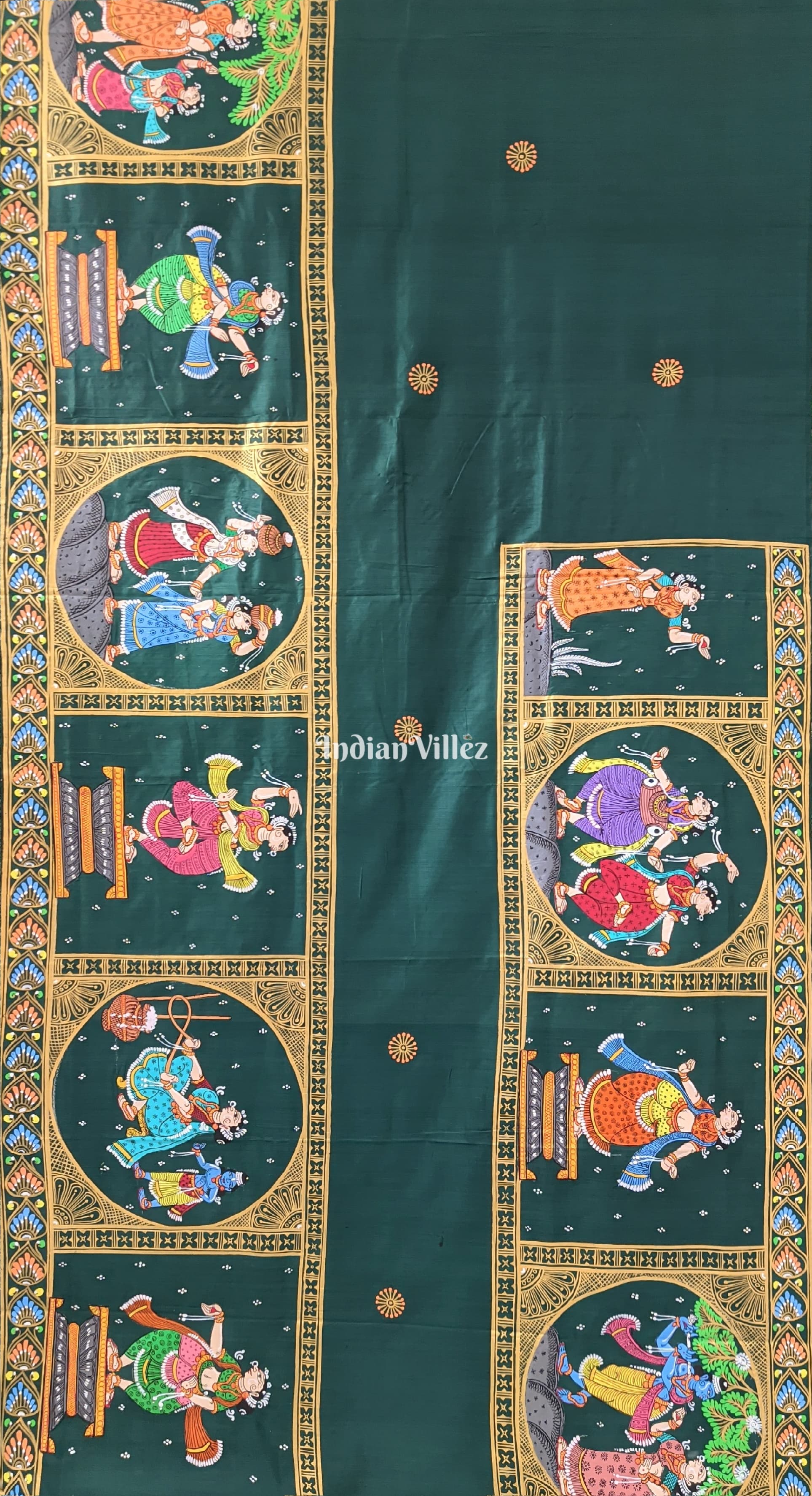 Bottle Green Boita Krishna Leela Hand-Painted Pattachitra Saree