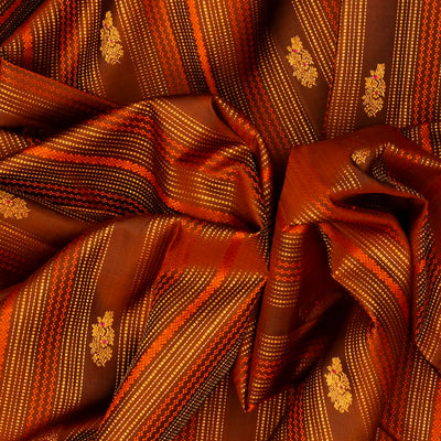 Oil Mustard Handloom Kanchipuram Silk Saree With Stripes & Buttas