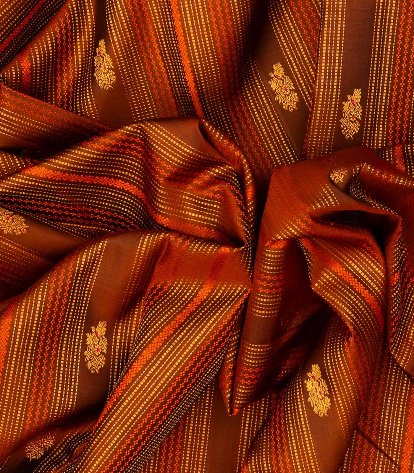 Oil Mustard Handloom Kanchipuram Silk Saree With Stripes & Buttas