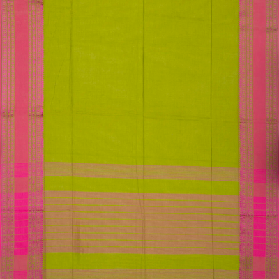 Light Green Handloom Bengal Cotton Saree With Pink Border