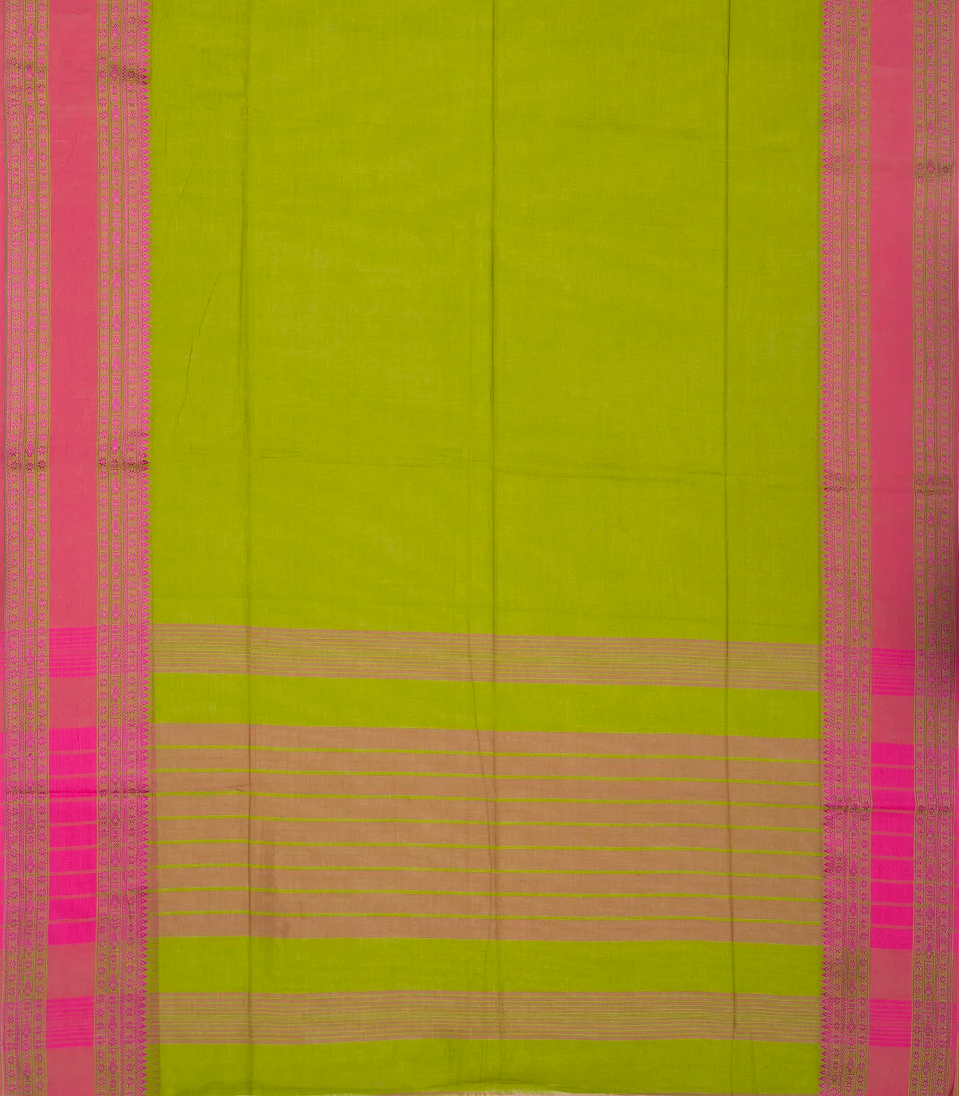 Light Green Handloom Bengal Cotton Saree With Pink Border