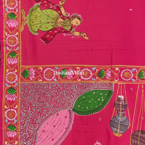 Pink Krishna Janmashtami Theme Hand-Painted Pattachitra Saree