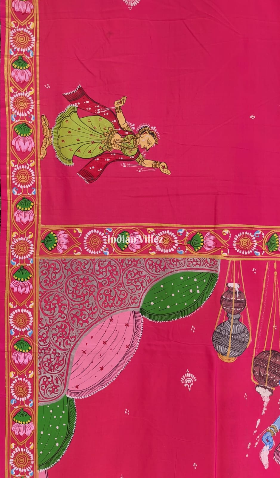Pink Krishna Janmashtami Theme Hand-Painted Pattachitra Saree