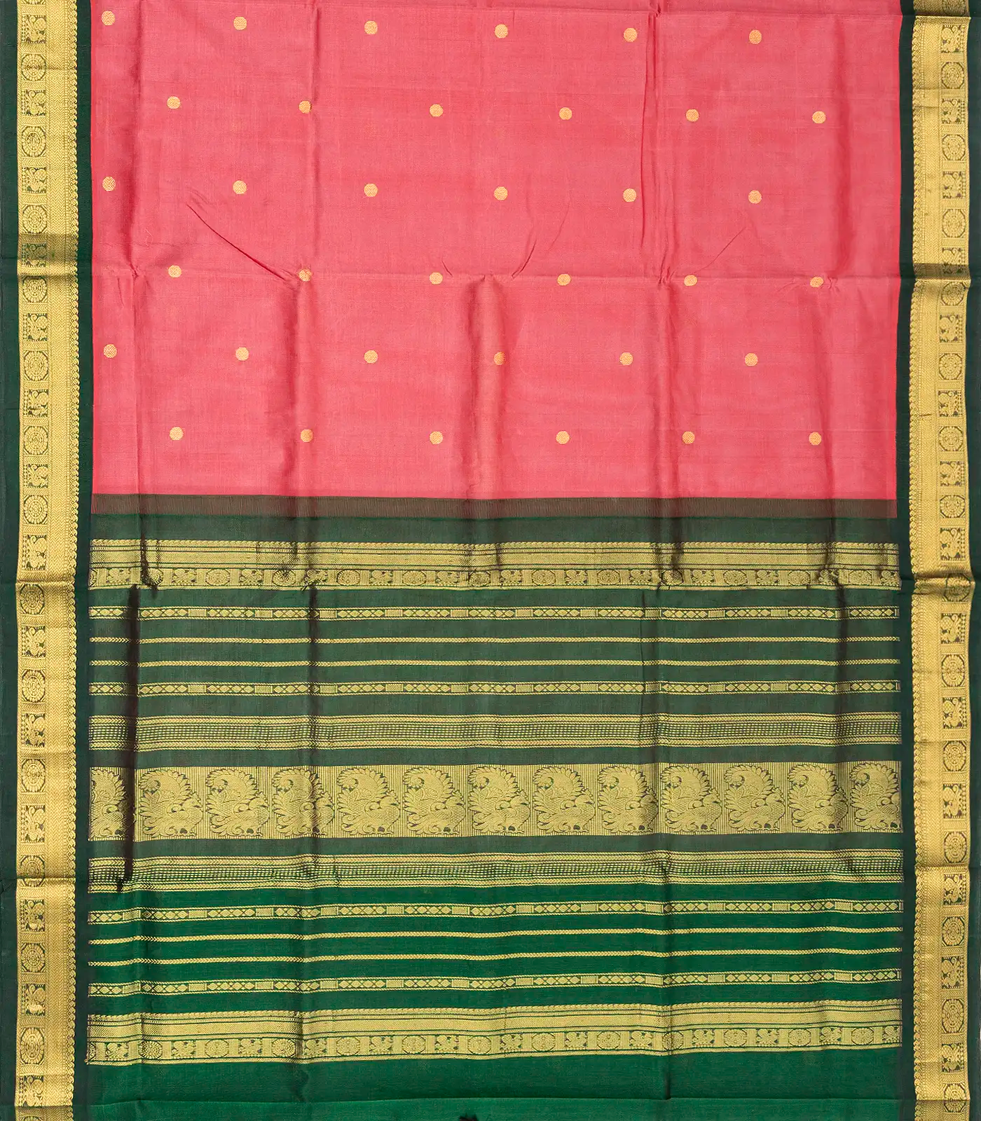Peach Handloom Korvai Silk Cotton Saree With Rudraksham Buttas