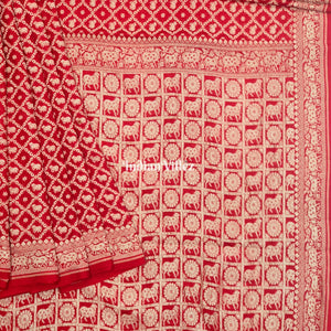 Red Color Bull Motif Banarasi  Khaddi Georgette Shikargah Saree
