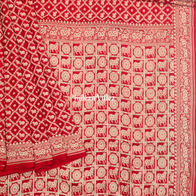 Red Color Bull Motif Banarasi  Khaddi Georgette Shikargah Saree