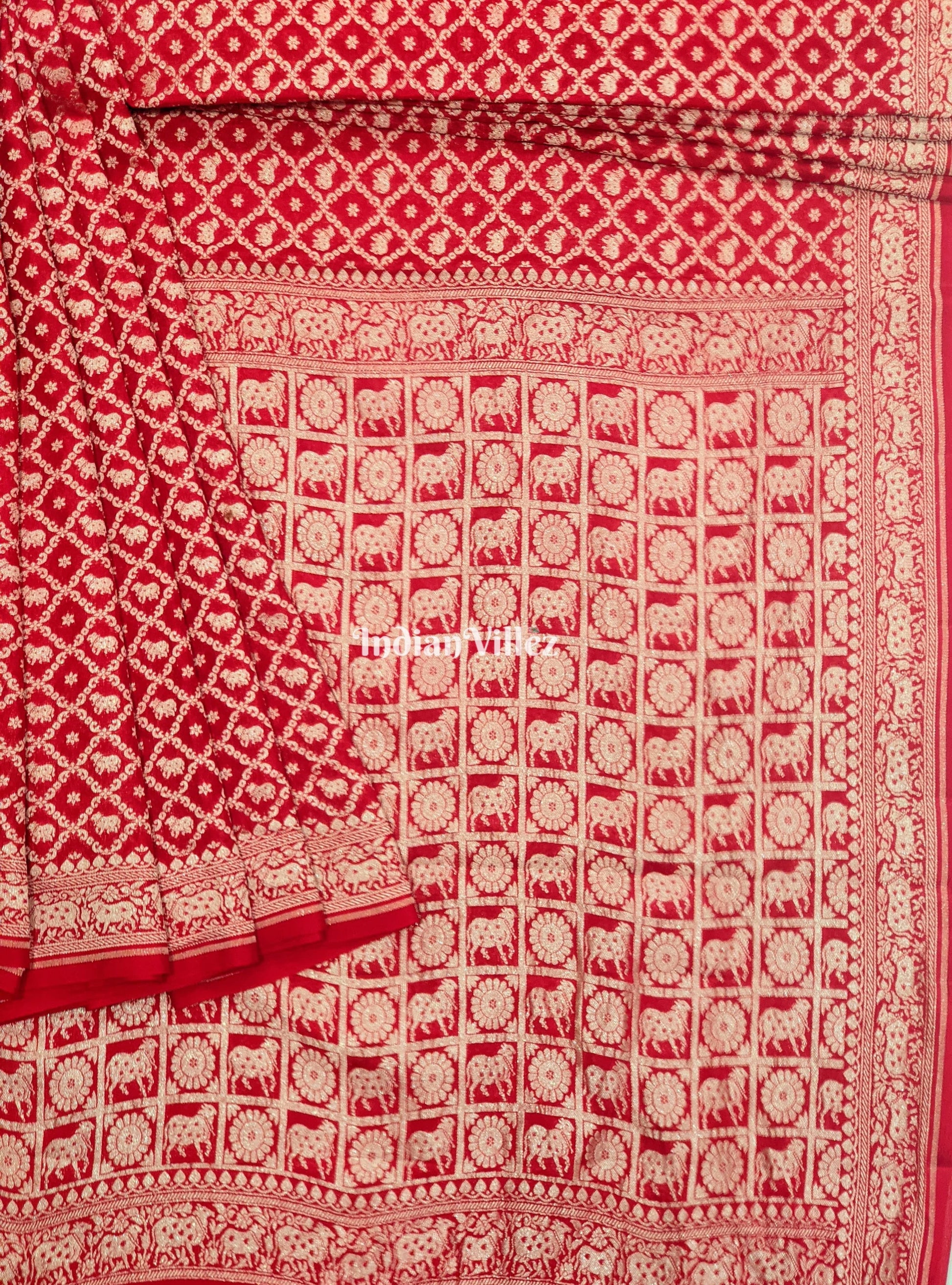 Red Color Bull Motif Banarasi  Khaddi Georgette Shikargah Saree