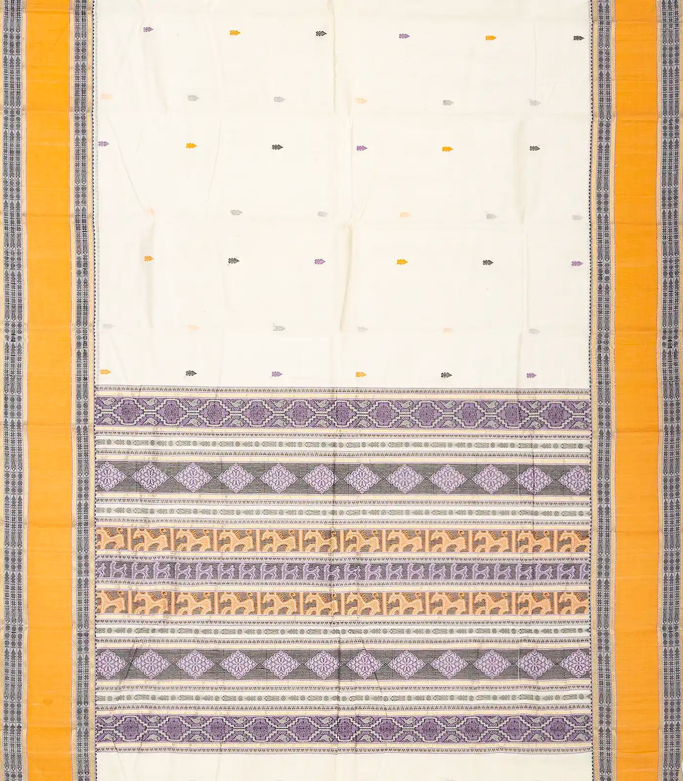 White Handloom Kanchi Cotton Saree With Spear Buttas