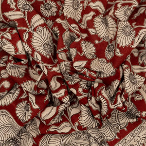 Taupe Cotton Saree With Maroon Kalamkari Print