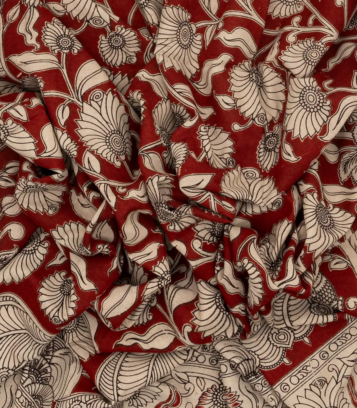 Taupe Cotton Saree With Maroon Kalamkari Print