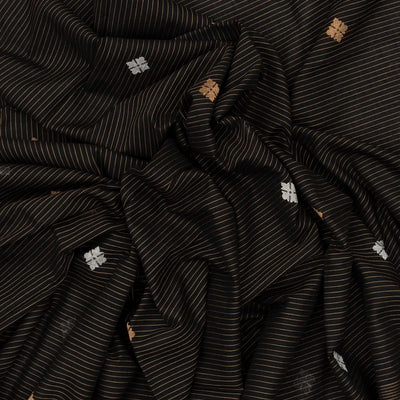 Black Handloom Bengal Cotton Saree With Stripes & Buttas