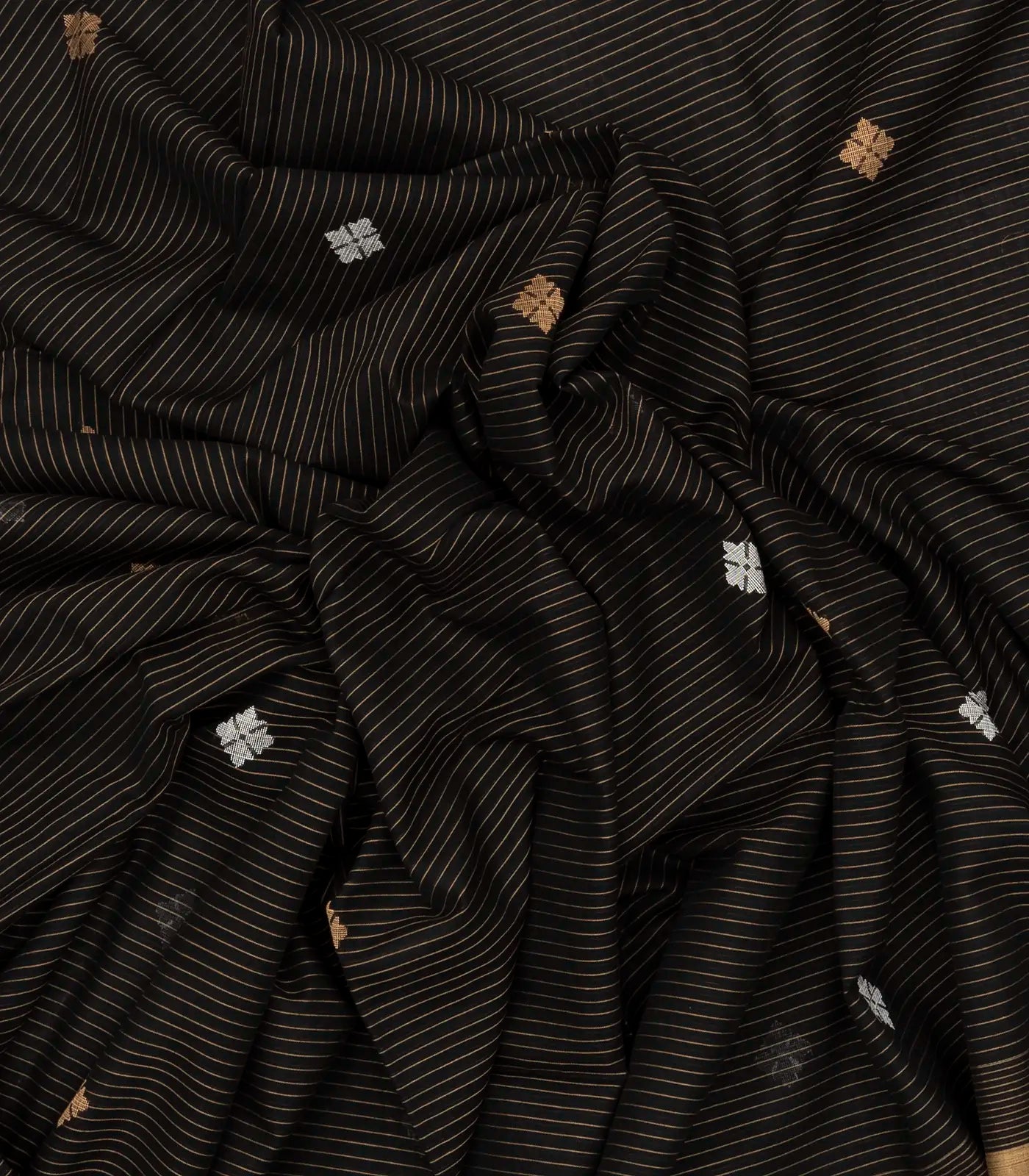 Black Handloom Bengal Cotton Saree With Stripes & Buttas