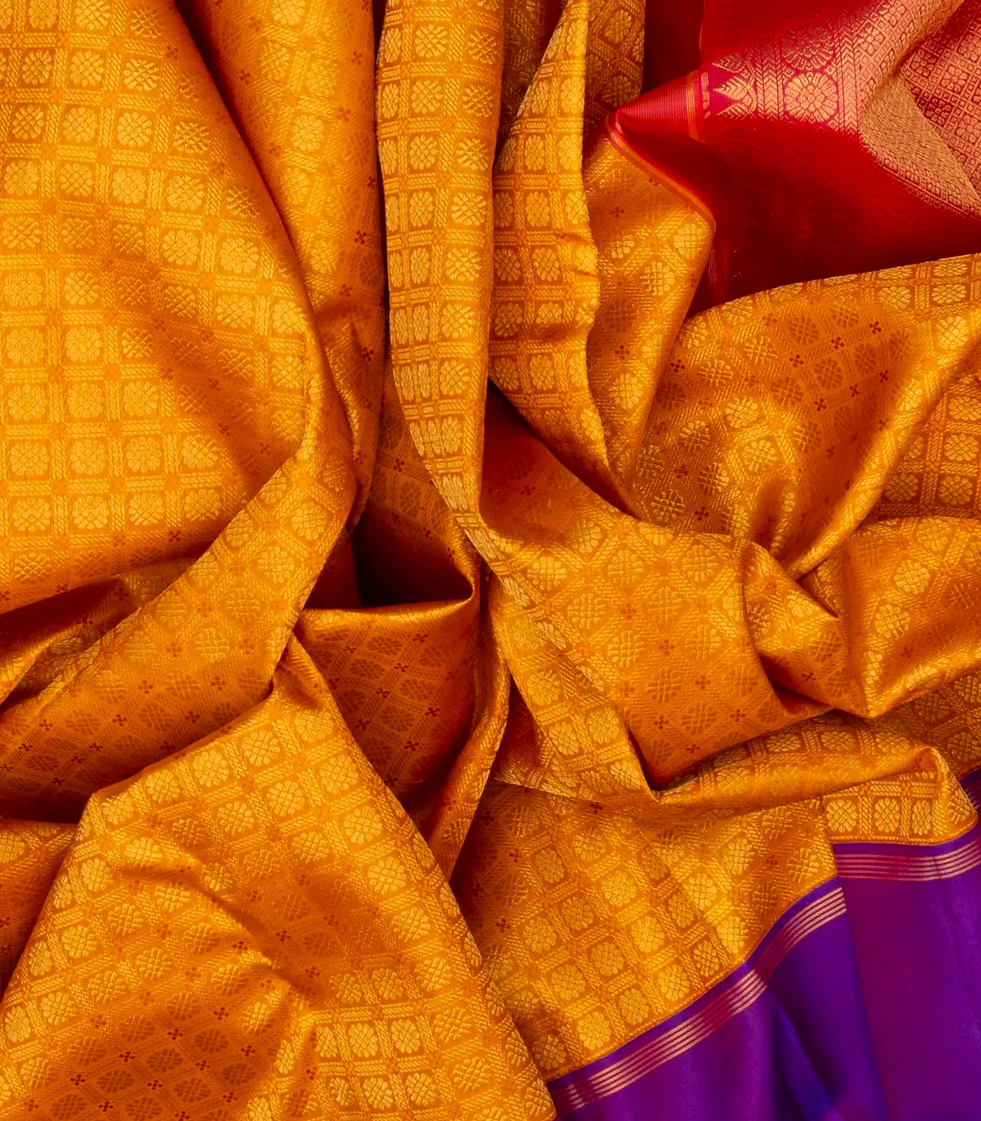 Turmeric Yellow Handloom Kanchipuram Korvai Silk Saree With Floral Motifs