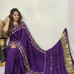 Pure Modal Silk Golden Chex Hand Made Barik Bandhej work Silk Bandhani Saree