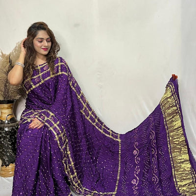 Pure Modal Silk Golden Chex Hand Made Barik Bandhej work Silk Bandhani Saree