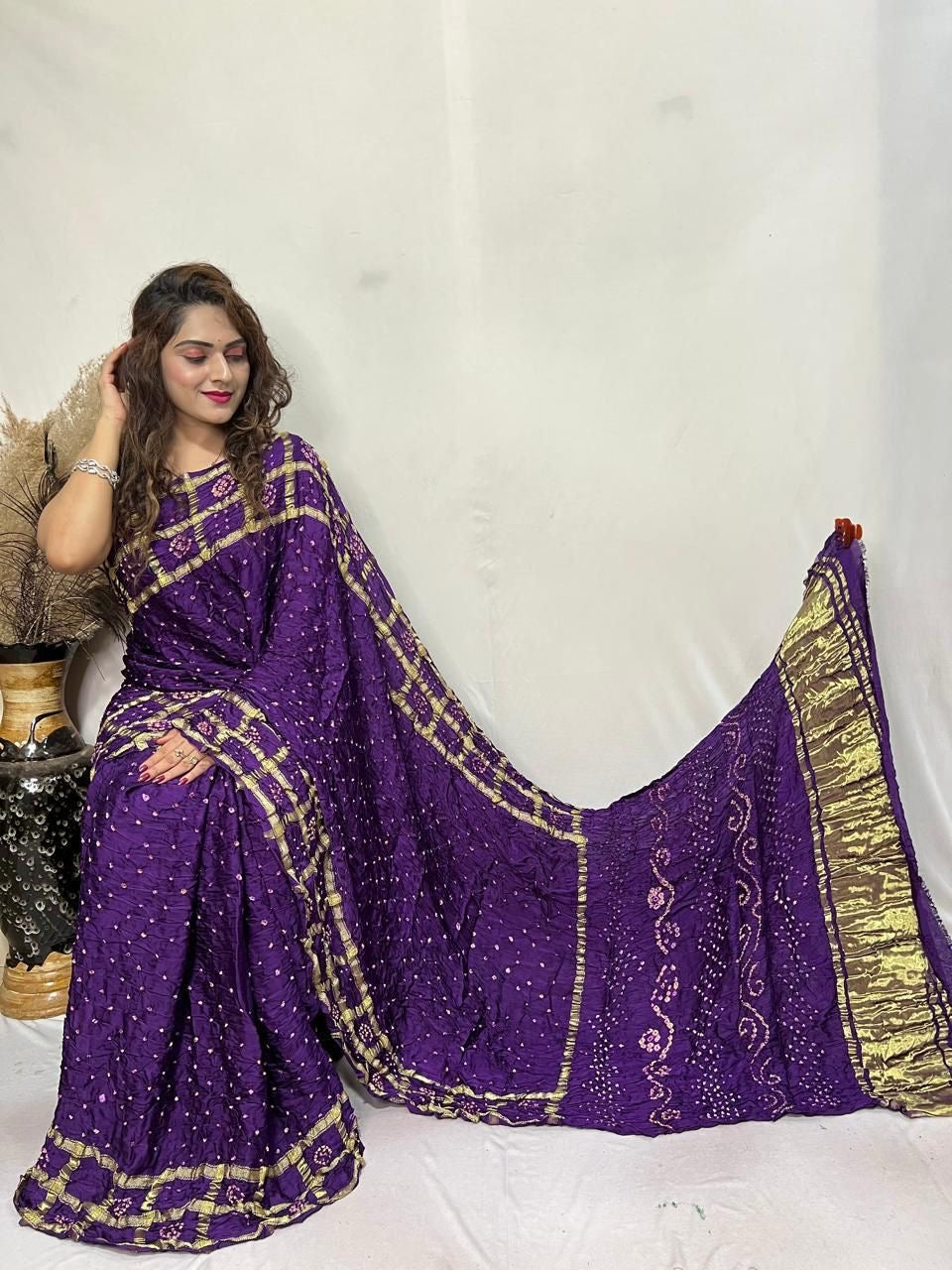 Pure Modal Silk Golden Chex Hand Made Barik Bandhej work Silk Bandhani Saree