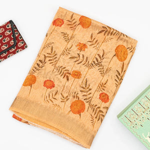 Sandal Handwoven Linen Saree Printed With Floral Motifs