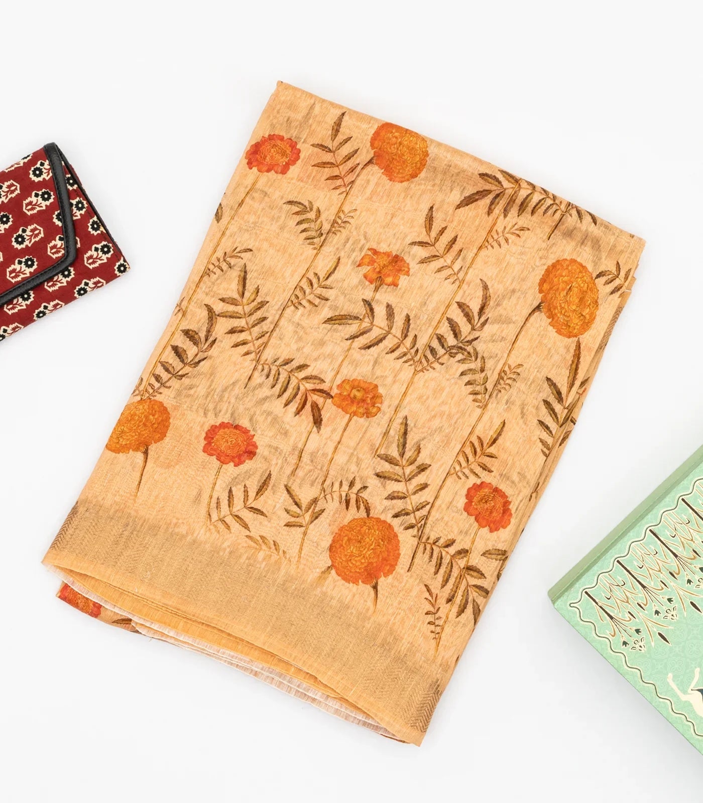 Sandal Handwoven Linen Saree Printed With Floral Motifs