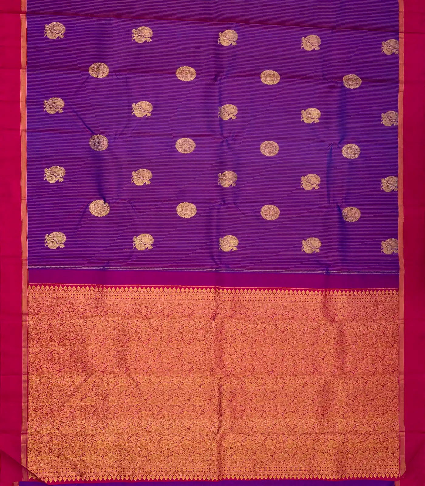 Purple Handloom Kanchipuram Silk Saree With Stripes & Annam Buttas