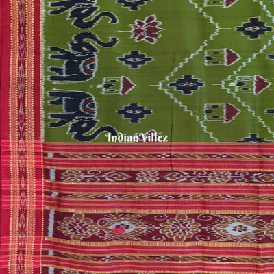 Jungle Green Tribal Elephant Odisha Ikat Khandua Silk Saree