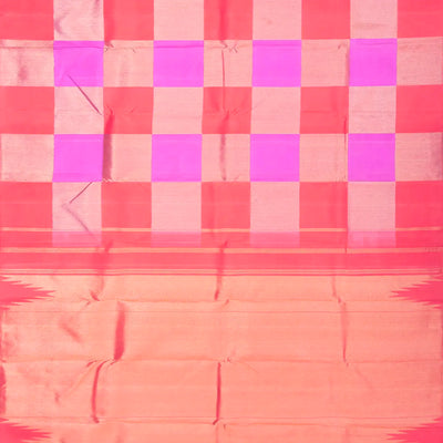 Pink & Peach Handloom Kanchipuram Silk Saree With Checks