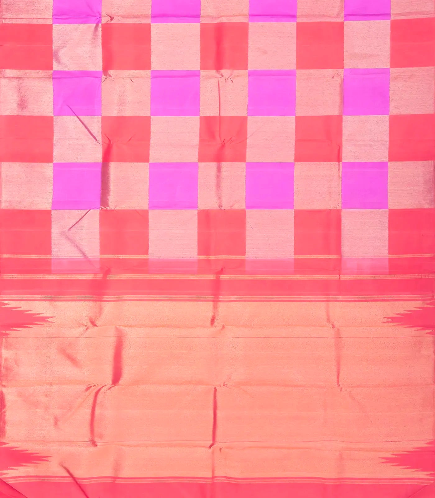 Pink & Peach Handloom Kanchipuram Silk Saree With Checks