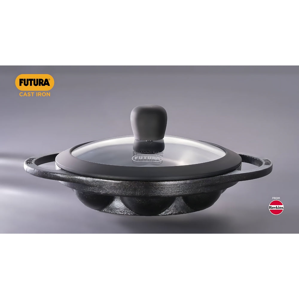 Hawkins Futura Die Cast Non Stick 16 cm Appe Pan with Glass Lid | 8 Cups | Paniyarakkal | Gas & Induction Compatible | Black
