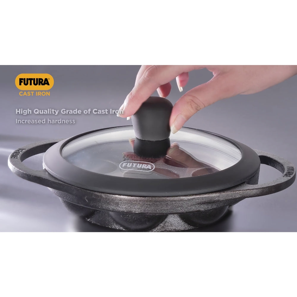 Hawkins Futura Die Cast Non Stick 16 cm Appe Pan with Glass Lid | 8 Cups | Paniyarakkal | Gas & Induction Compatible | Black