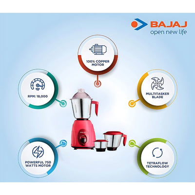 Bajaj Classic 750 Watt Mixer Grinder with 3 Jars | Red & Maroon