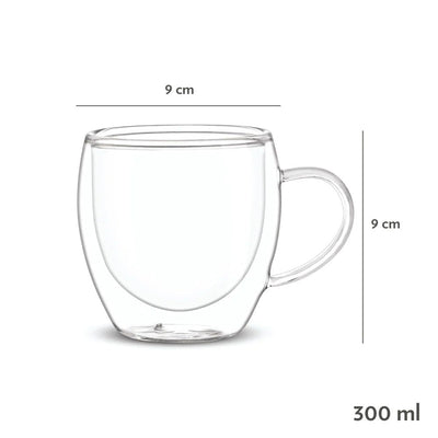Borosil Java 300 ML Double Wall Glass Mug | Transparent | Set of 2 Pcs