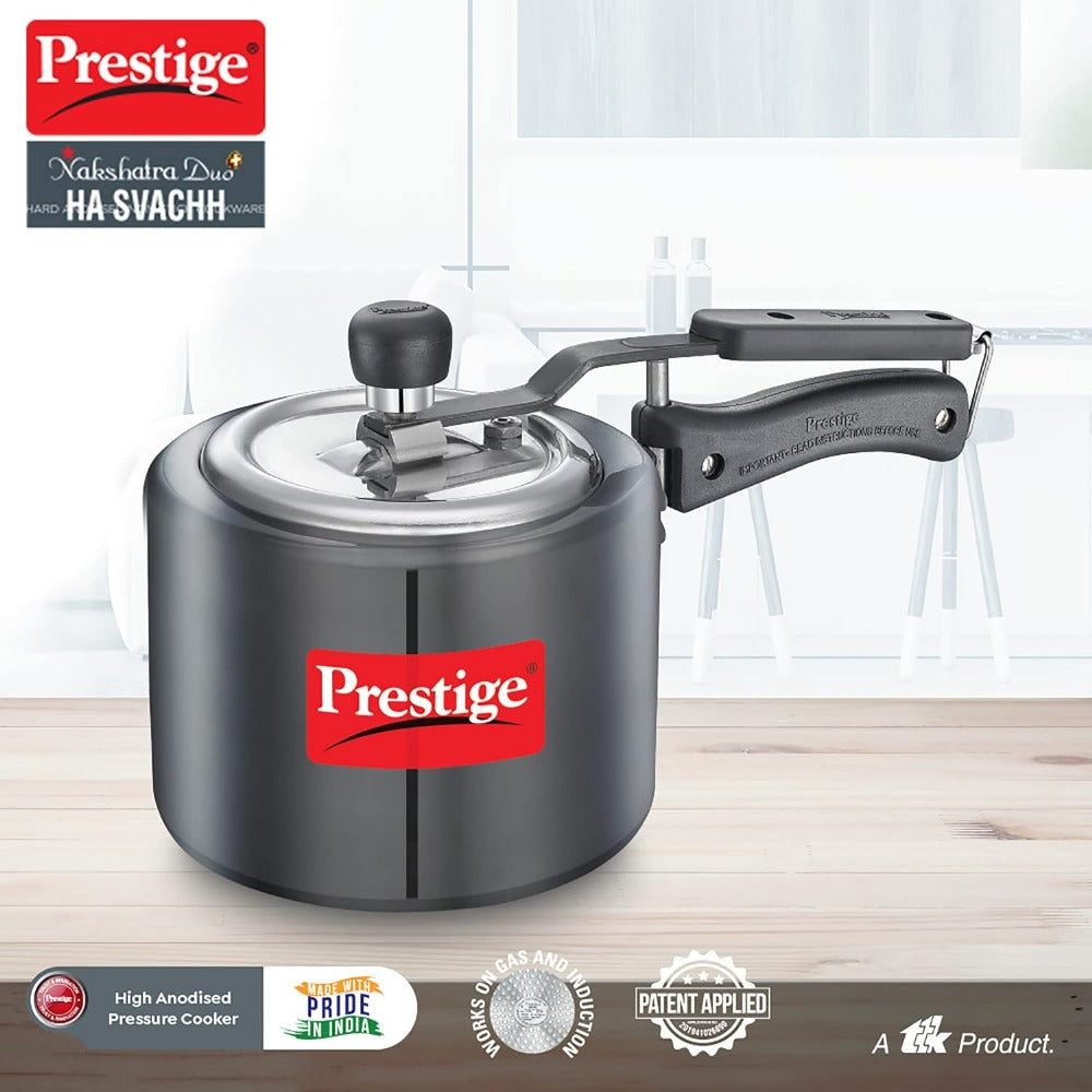 Prestige Nakshatra Duo Plus Svachh Hard Anodised Aluminium Pressure Cooker | Induction Compatible | Black