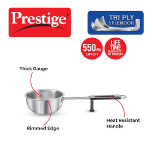 Prestige Splendor Tri-Ply Stainless Steel 13 cm Tadka Pan | Gas & Induction Compatible | Silver