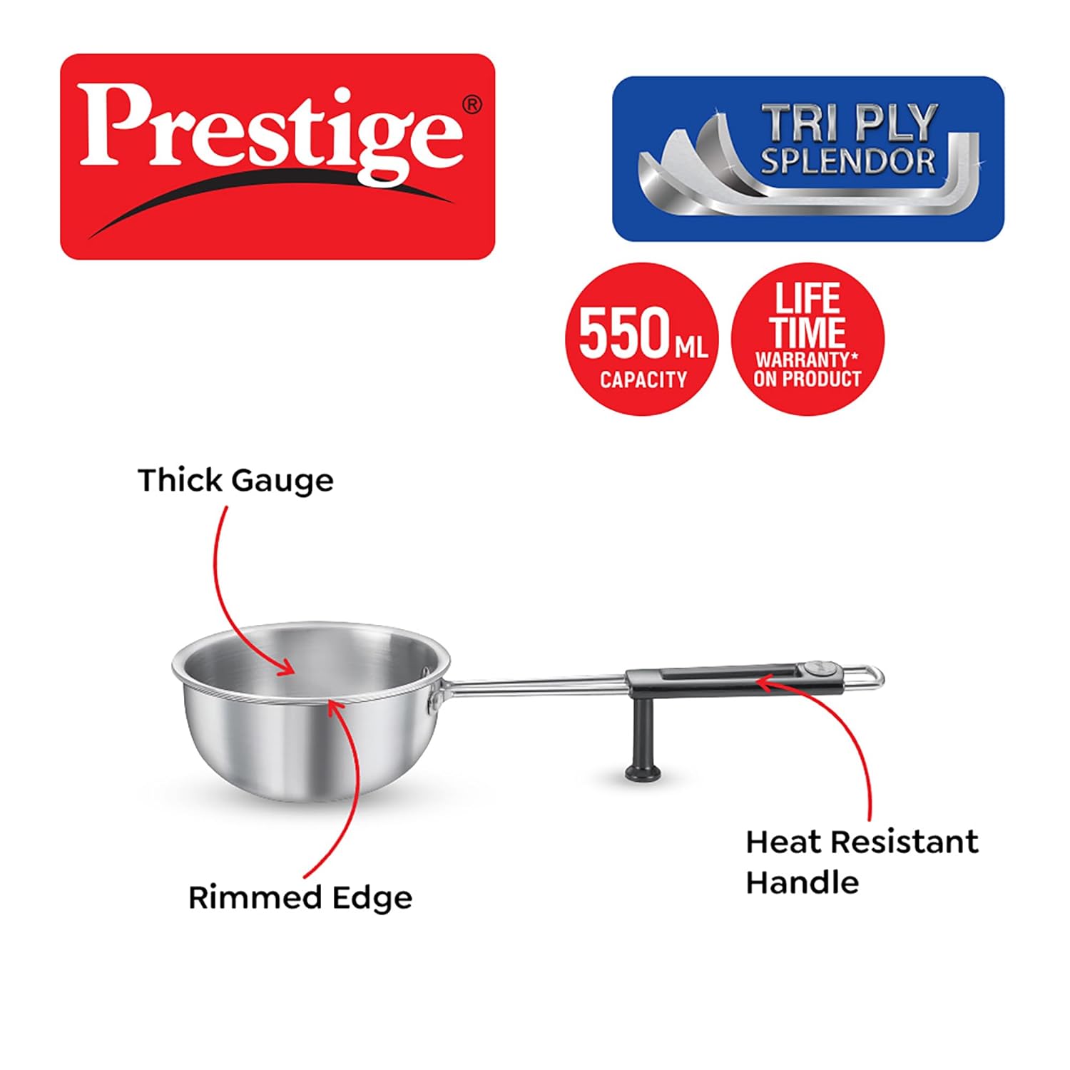 Prestige Splendor Tri-Ply Stainless Steel 13 cm Tadka Pan | Gas & Induction Compatible | Silver