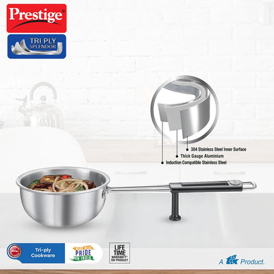 Prestige Splendor Tri-Ply Stainless Steel 13 cm Tadka Pan | Gas & Induction Compatible | Silver