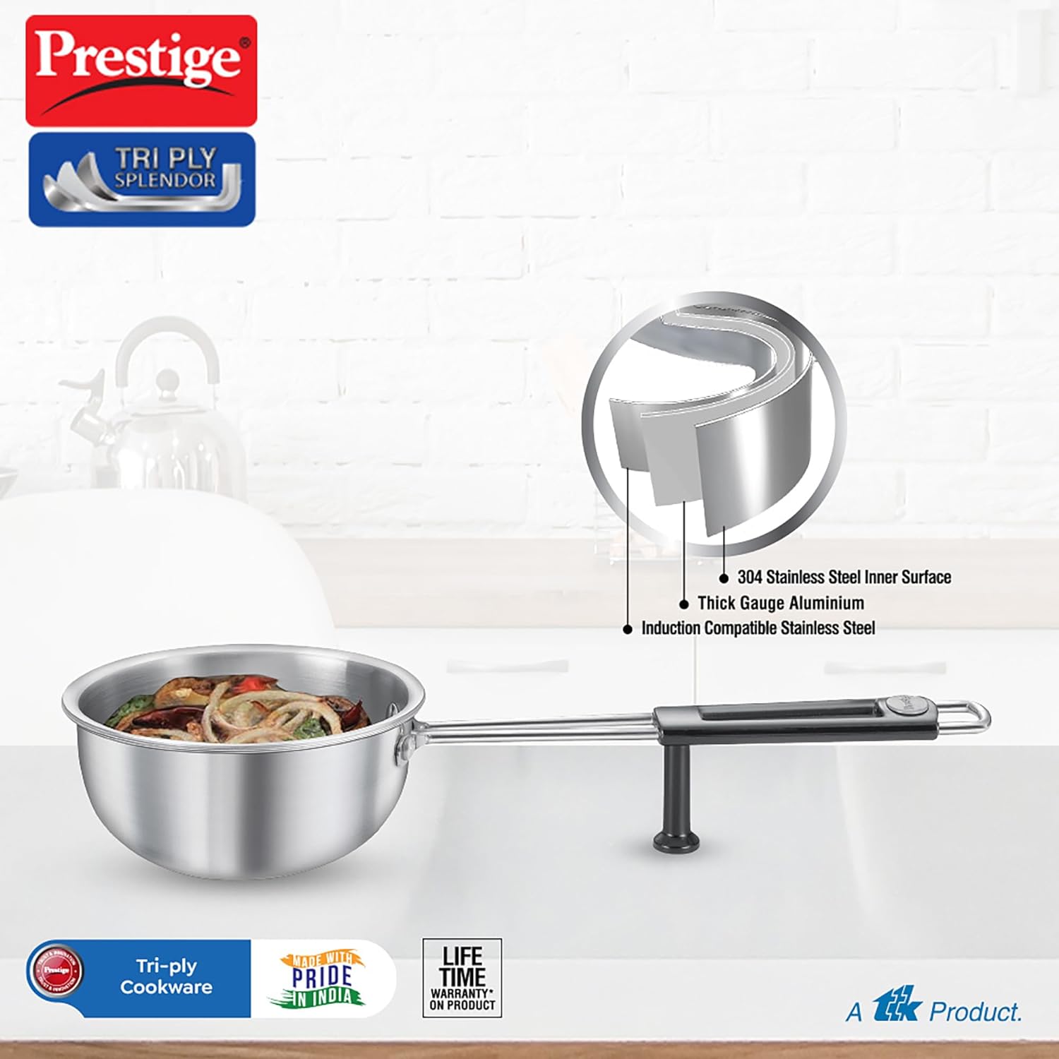 Prestige Splendor Tri-Ply Stainless Steel 13 cm Tadka Pan | Gas & Induction Compatible | Silver