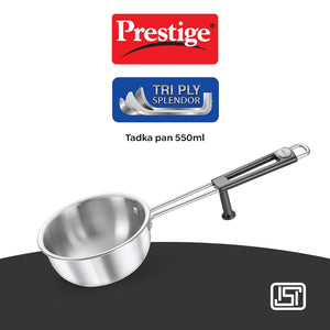 Prestige Splendor Tri-Ply Stainless Steel 13 cm Tadka Pan | Gas & Induction Compatible | Silver