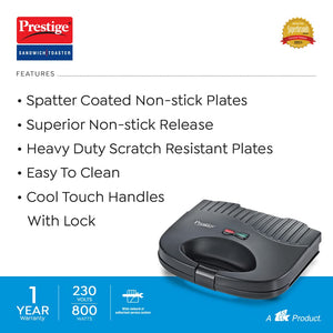 Prestige PSFSP Spatter Coated Non-stick Sandwich Toasters With fixed Sandwich Plates | Black