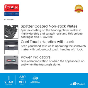 Prestige PSFSP Spatter Coated Non-stick Sandwich Toasters With fixed Sandwich Plates | Black