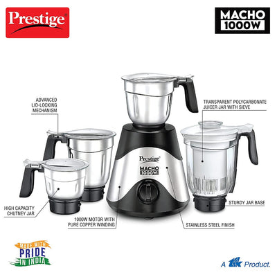 Prestige Macho 1000 Watts Pure Copper Motor Mixer Grinder with 4 Jars | Silver & Black
