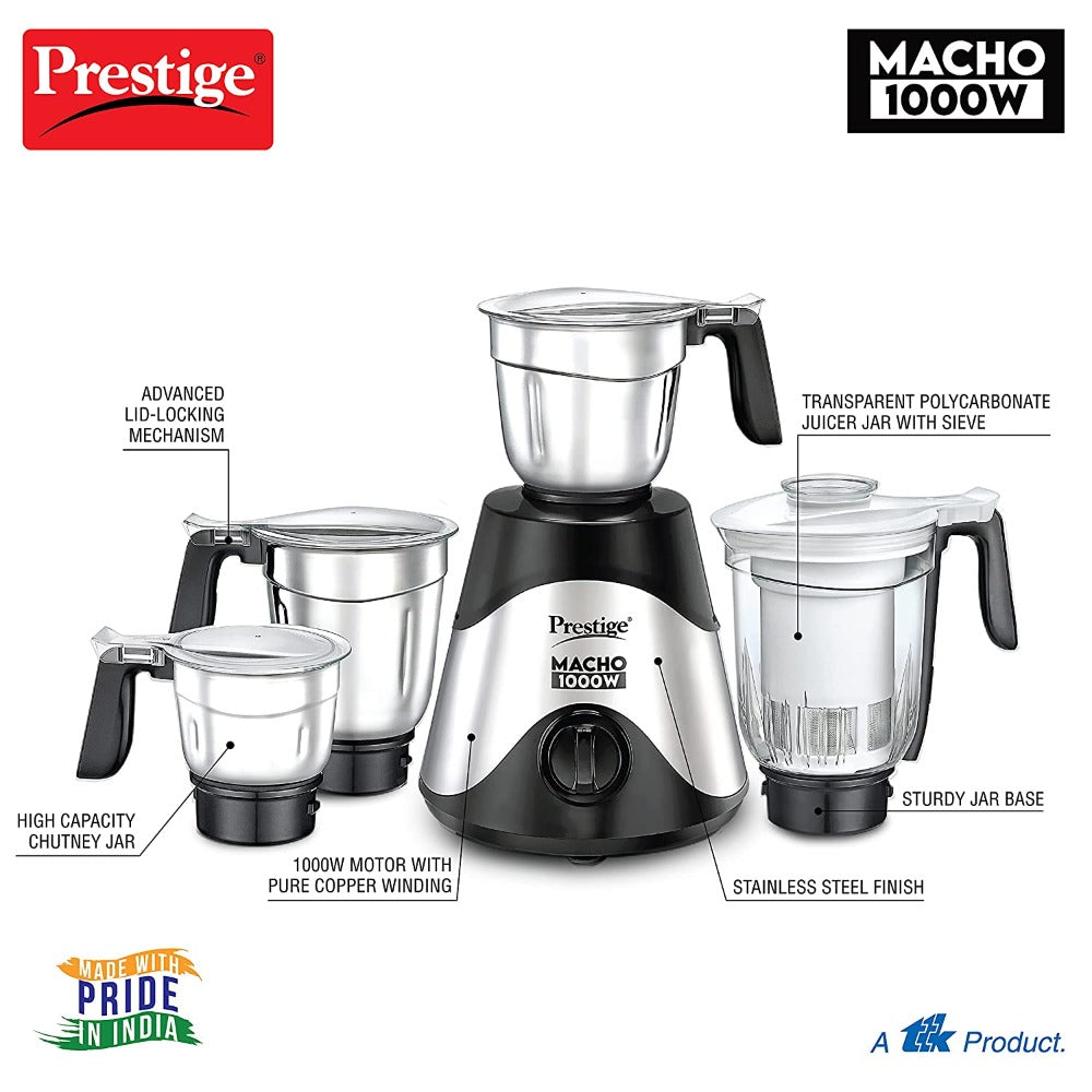 Prestige Macho 1000 Watts Pure Copper Motor Mixer Grinder with 4 Jars | Silver & Black
